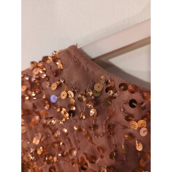 New Mac Duggal Sz 14 Pink Rose Gold Flutter Sleeve V-Neck Sequin Midi Dress - Picture 6 of 8